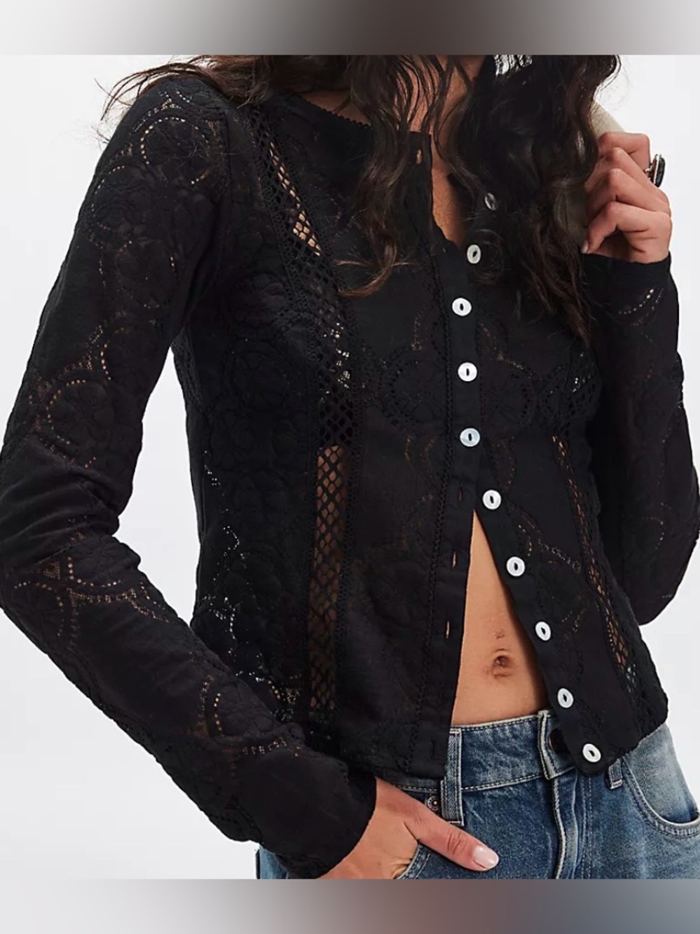 Free People Black Lace Jae Knit Long Sleeve Top NWT